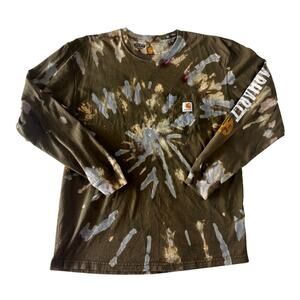 Carhartt Reworked Long Sleeve Shirt Green Blue Spiral Reverse Bleach Dye Large